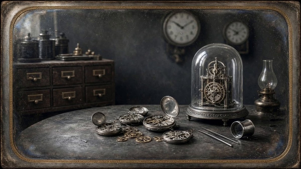 Daguerreotype of a Clockmaker's Workbench with Open Pocket Watches and Brass Gears