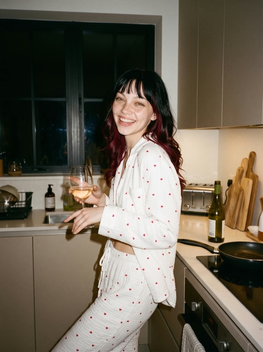 Vintage Kitchen Portrait with Wine and Heart-Print Pajamas output 2