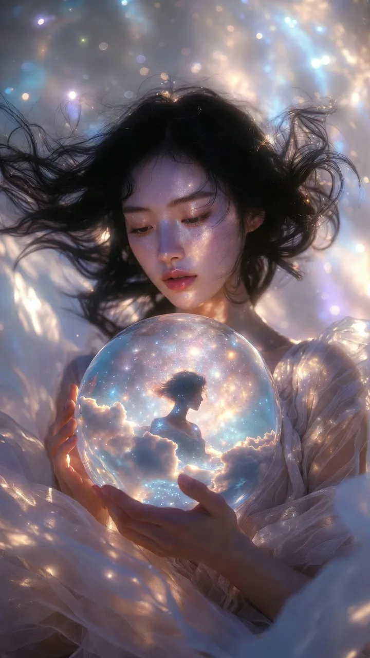 Ethereal Fashion Portrait with a Cosmic Crystal Sphere output 3