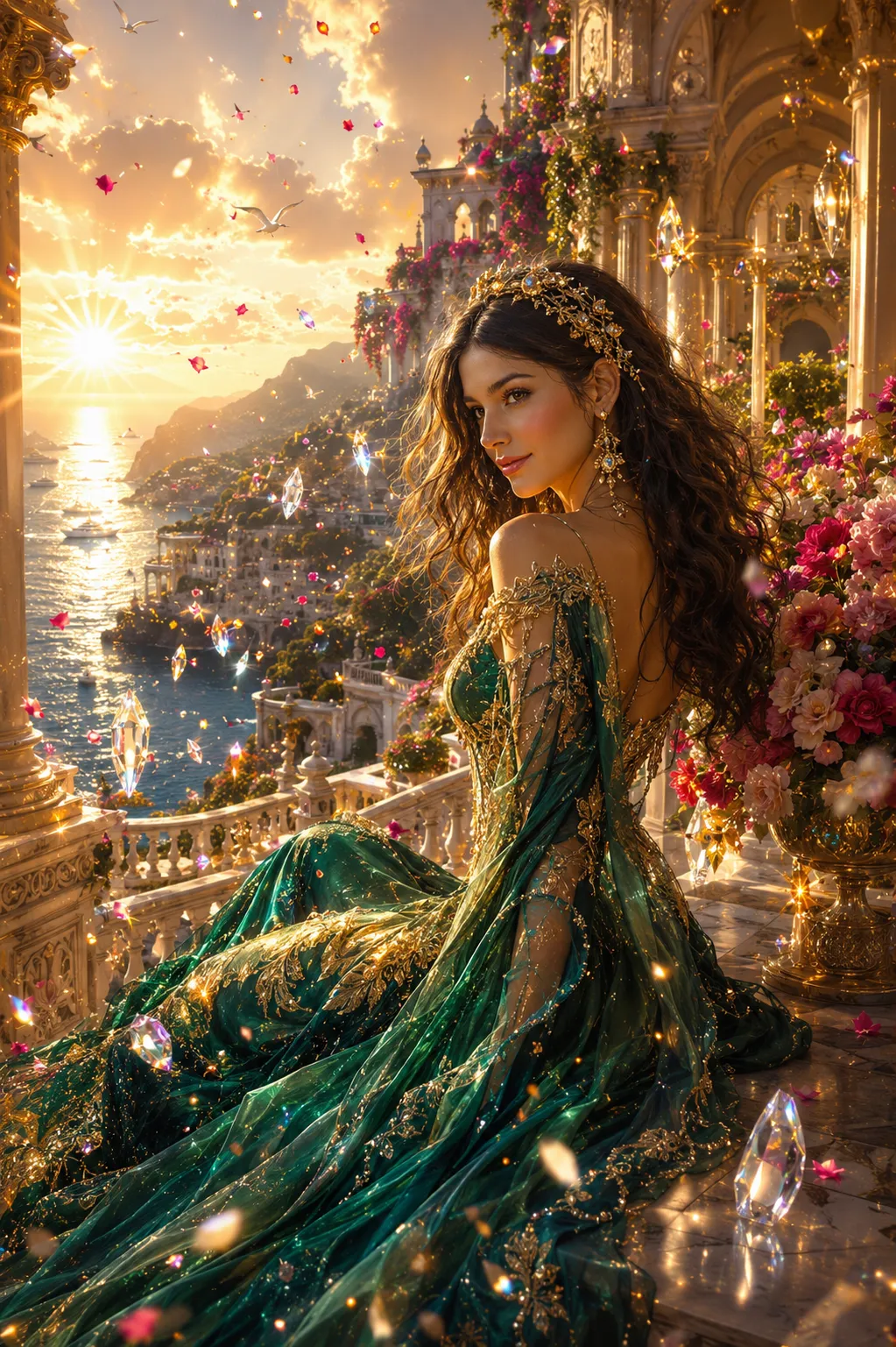 Emerald Couture Portrait on a Mediterranean Palace Balcony output 1