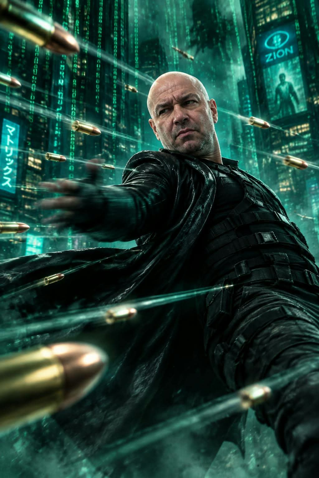 Man Dodging Bullets in a Matrix-Inspired Scene