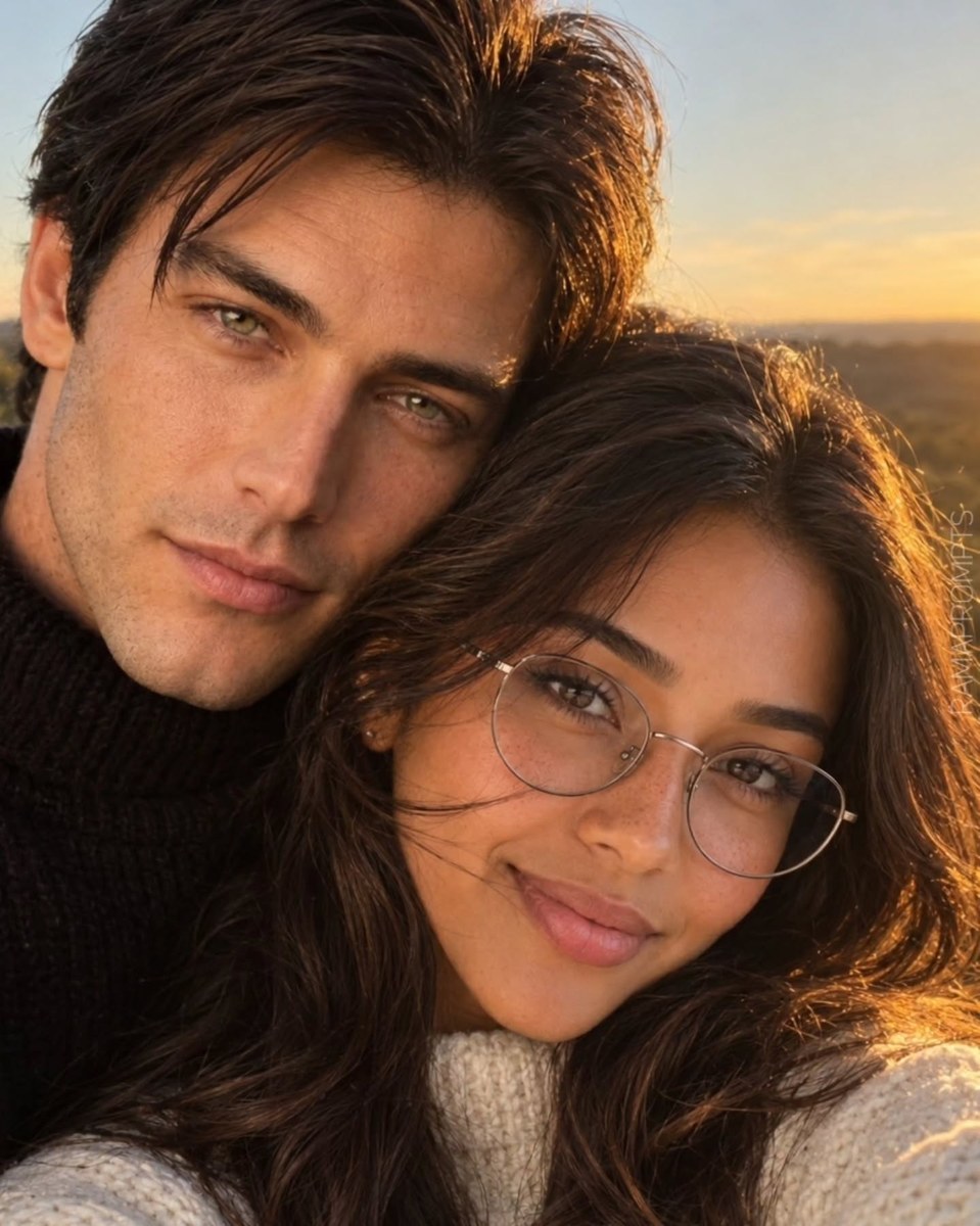 Photorealistic Couple Selfie at Golden-Hour Sunset