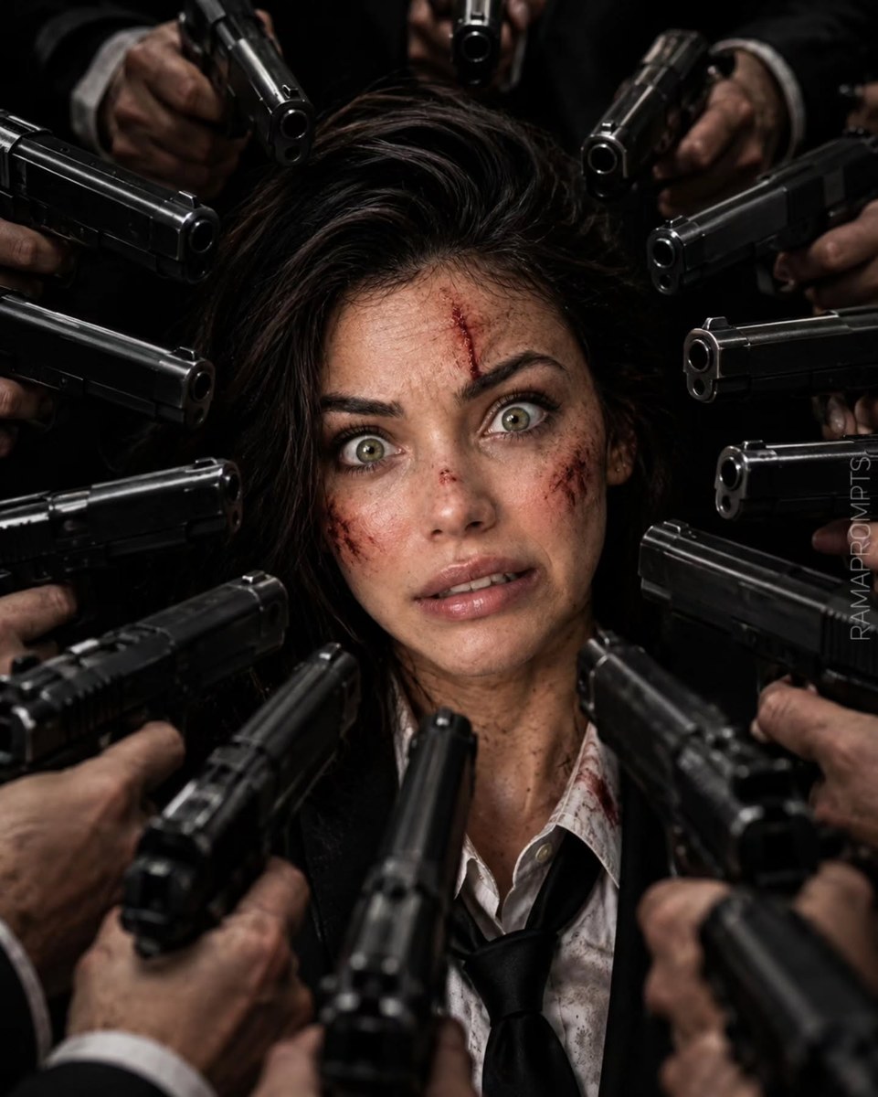 Cinematic Thriller Portrait Surrounded by Guns