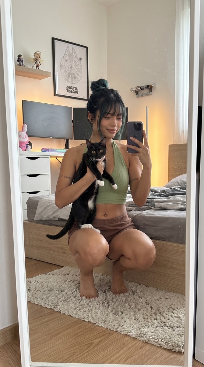 Gamer Bedroom Mirror Selfie with a Tuxedo Cat output 2