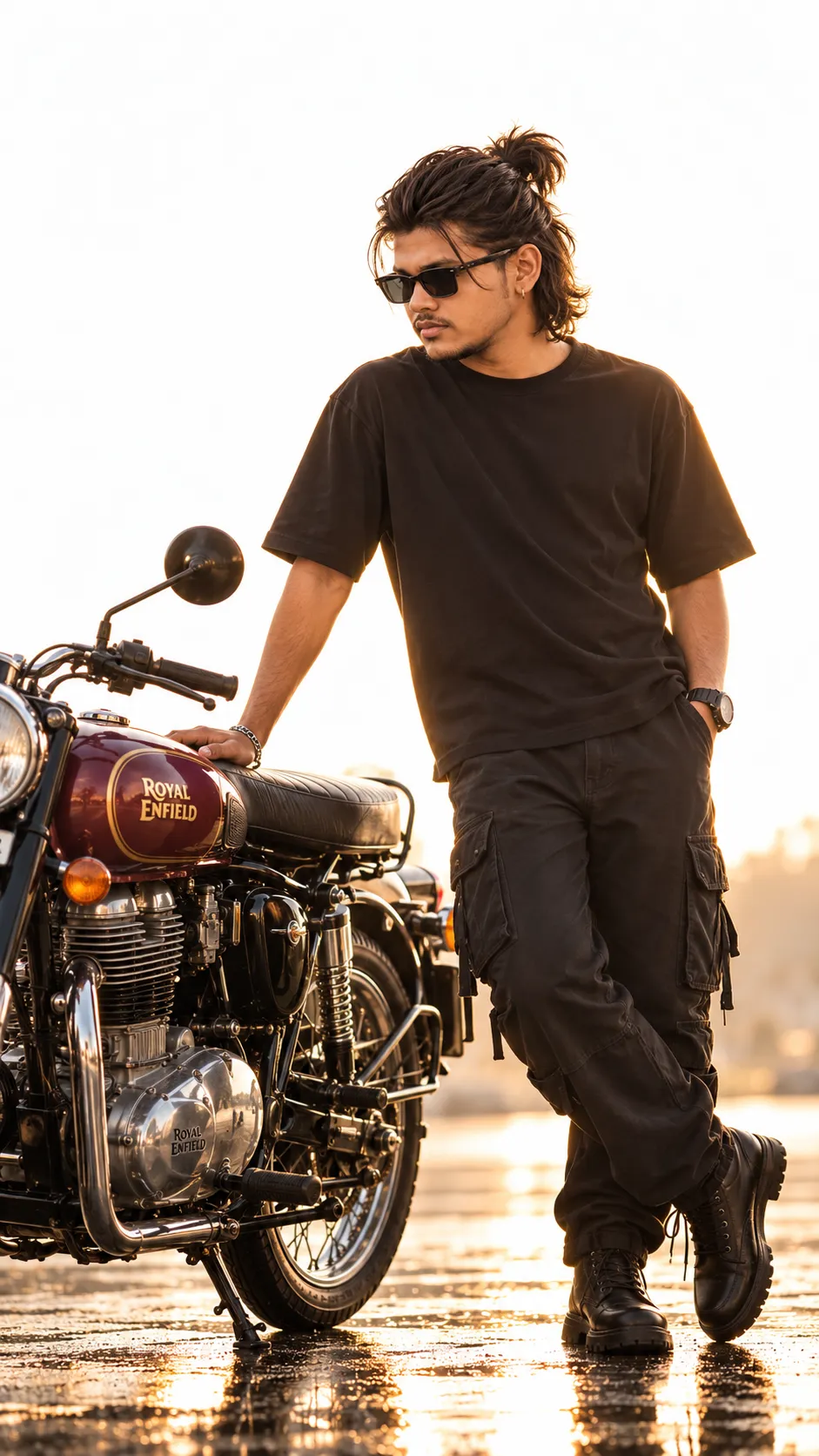 Young Man Beside a Royal Enfield Motorcycle output 1