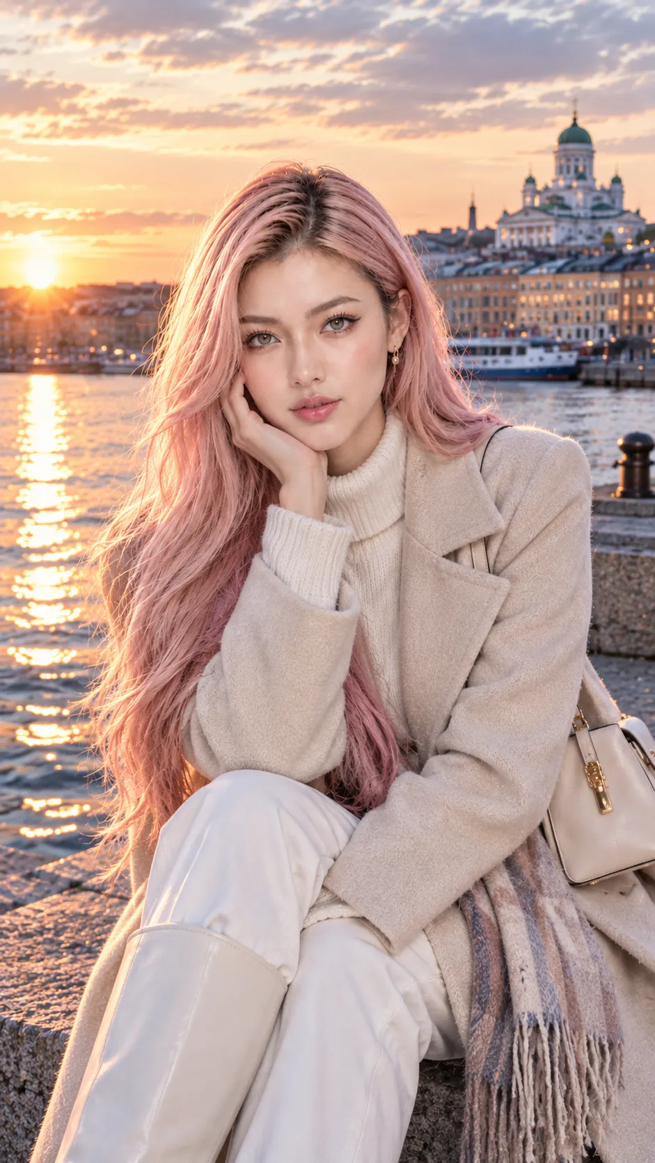 Dusty-Pink-Haired Fashion Portrait at the Helsinki Waterfront