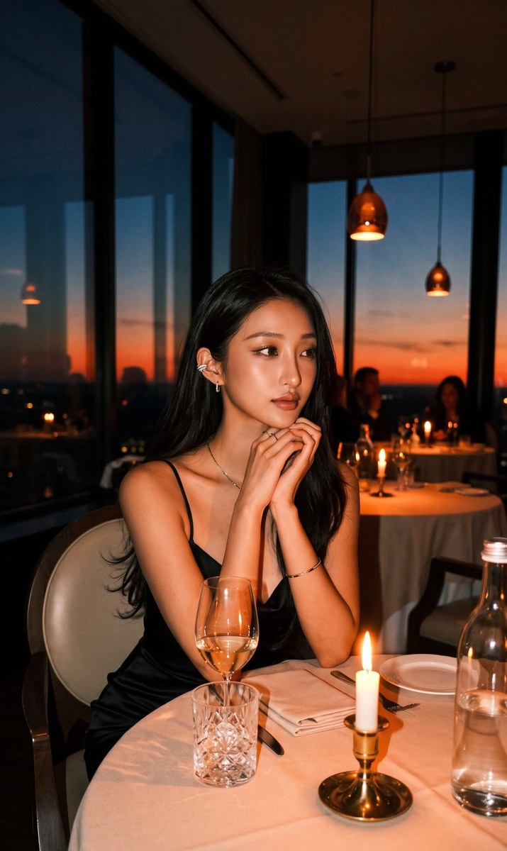 Young Woman at a Sunset Restaurant