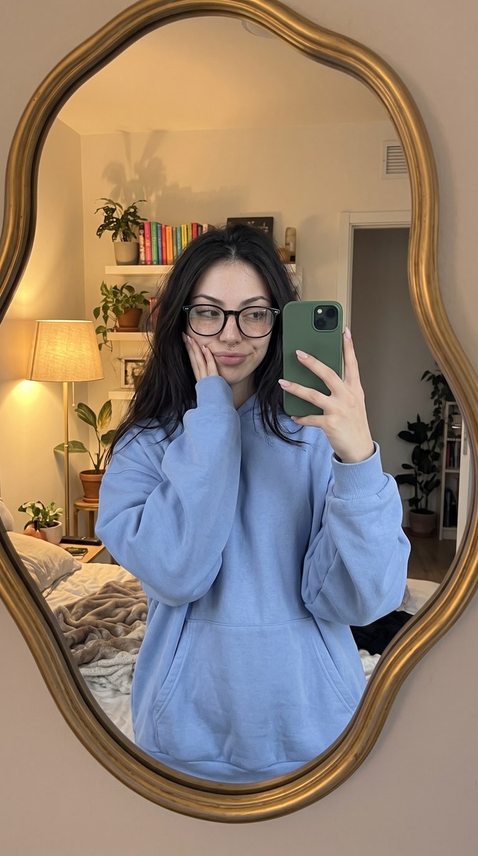 Cozy Mirror Selfie in a Pastel Blue Hoodie