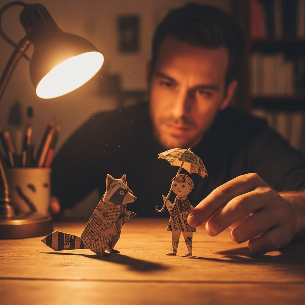 Warm-Toned Creative Scene with Paper Figures output 1