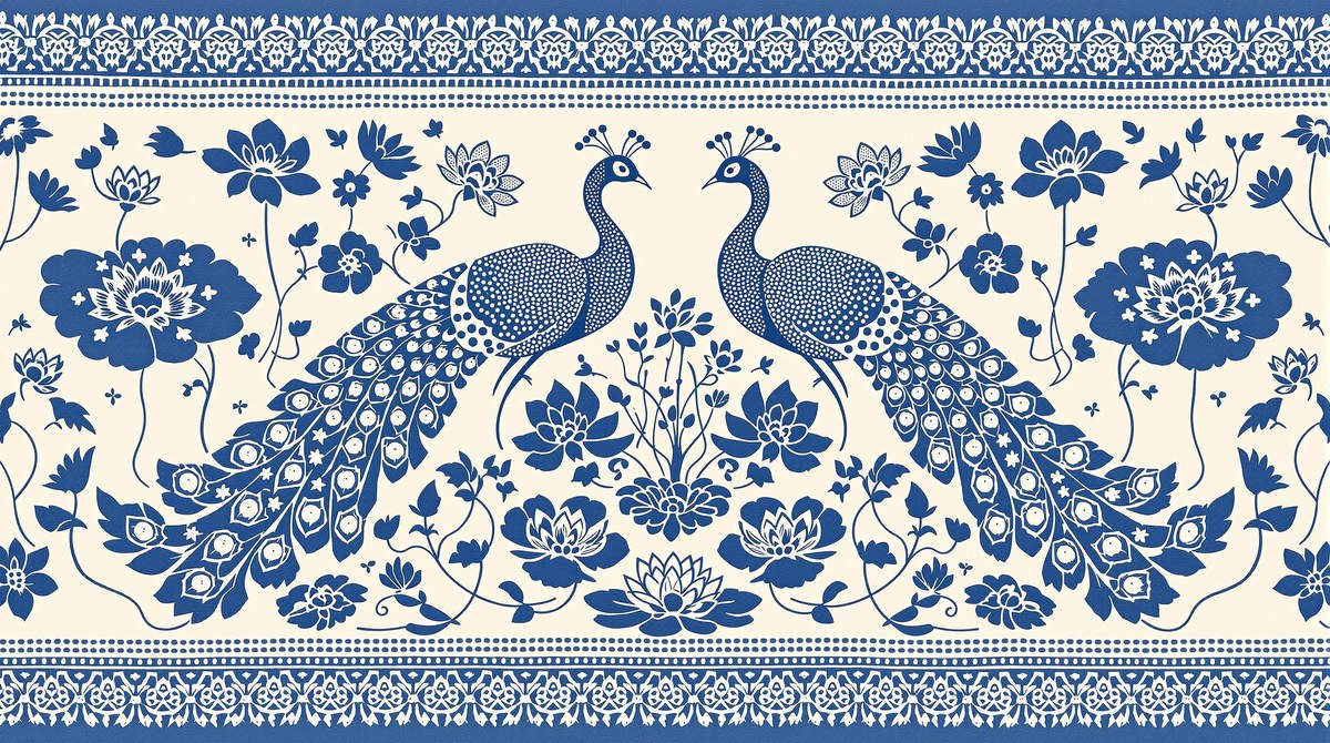 Batik Textile Pattern of Twin Peacocks and Lotus Ponds