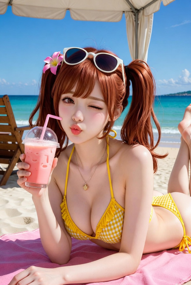 Photorealistic Summer Beach Portrait of a Red-Haired Woman