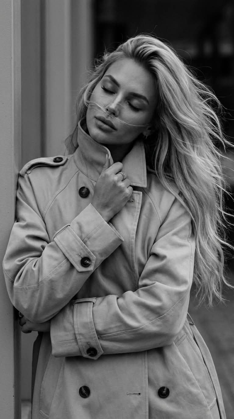 Windblown Monochrome Trench-Coat Portrait output 2