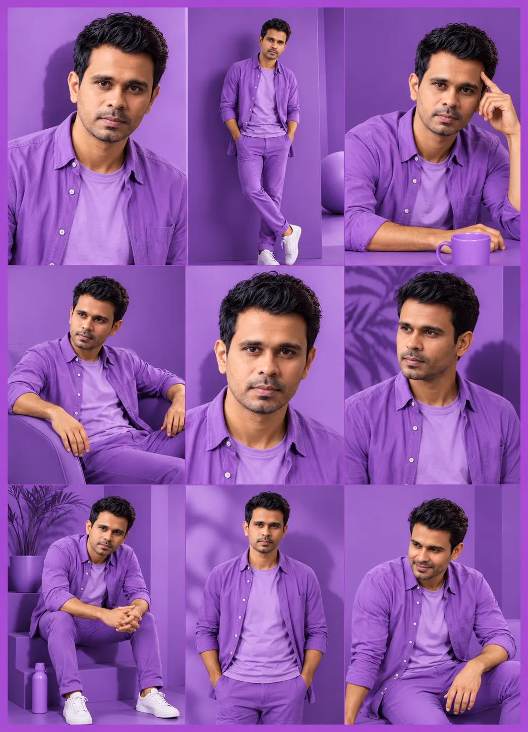 Purple Fashion Portrait Collage with Consistent Identity