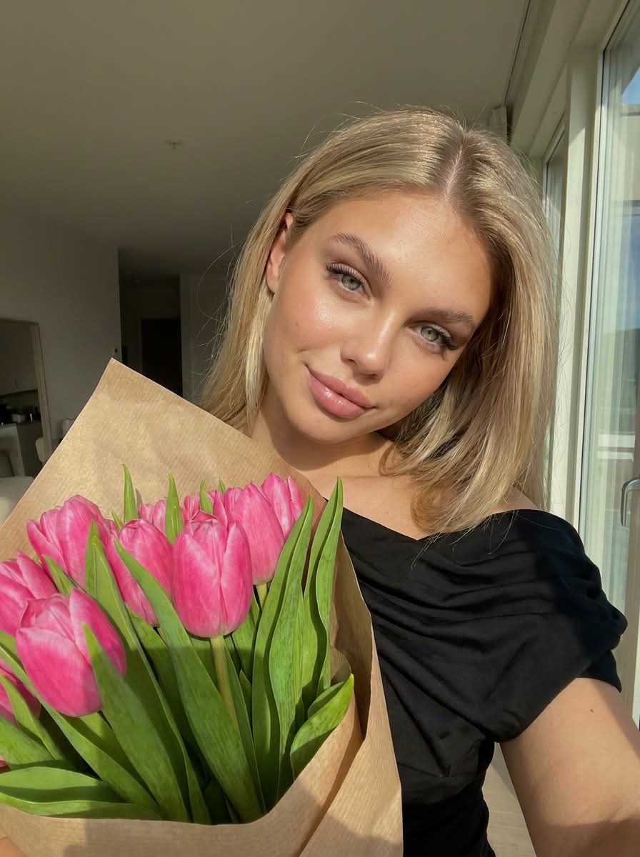 Sunlit Selfie with a Pink Tulip Bouquet output 1