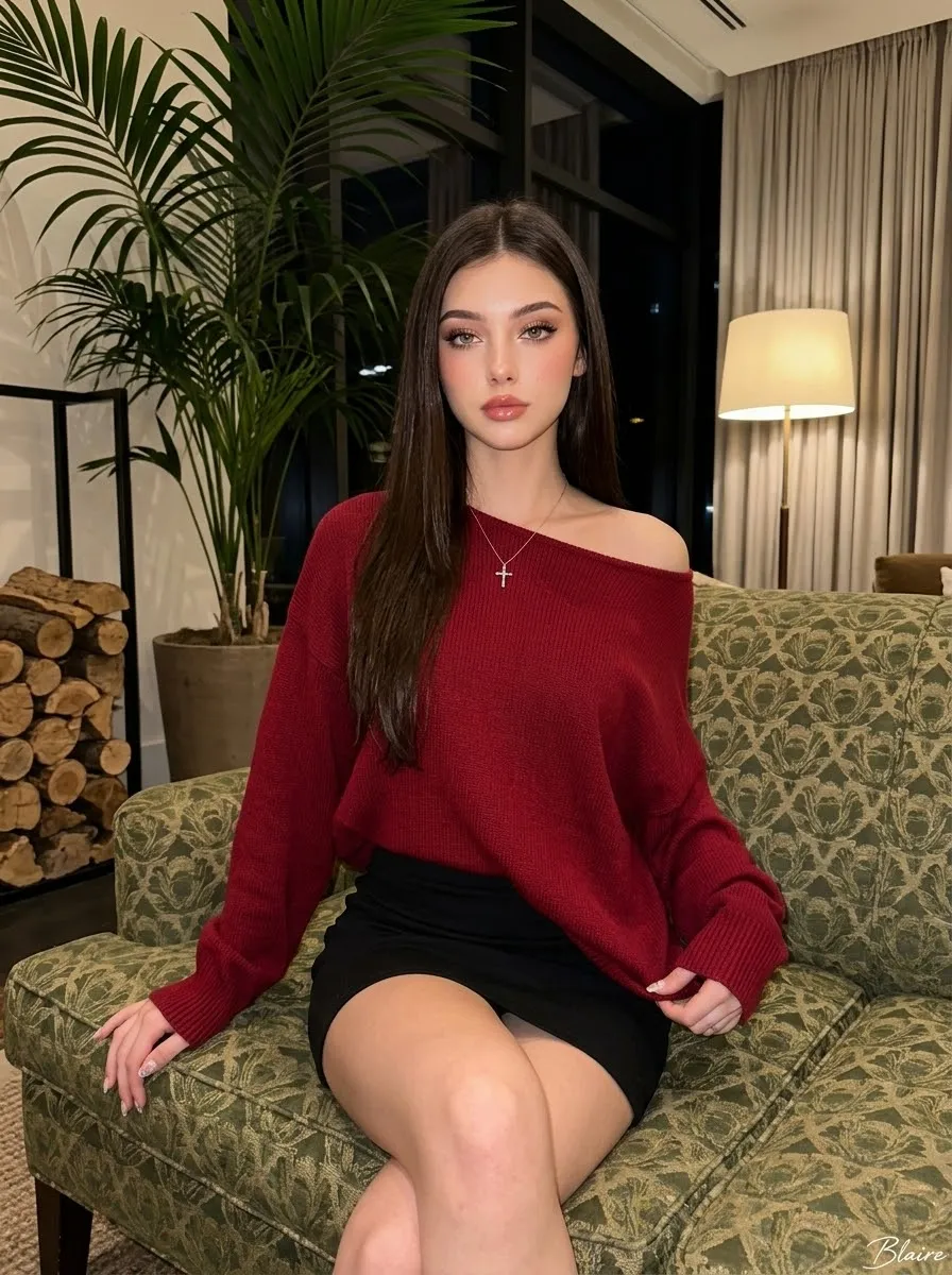 Crimson Sweater Portrait in an Upscale Lounge