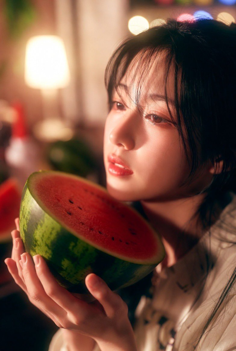 Whimsical Close-Up Portrait of a K-Pop Girl with a Watermelon