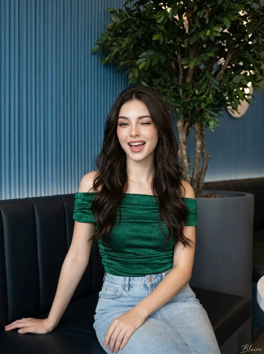 Winking Café Portrait with Emerald Top