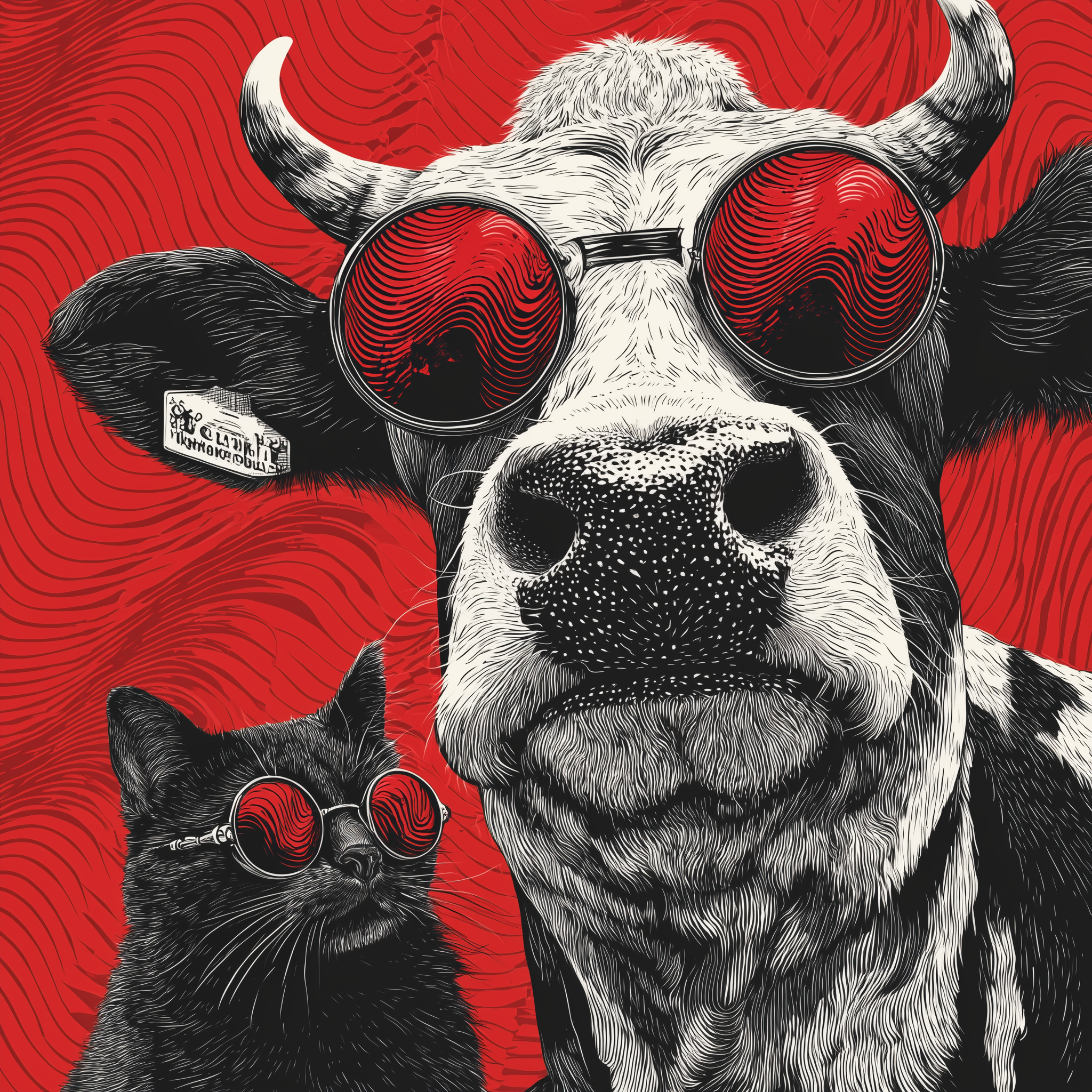 Retro Fashion-Icon Cow and Cat Poster Illustration