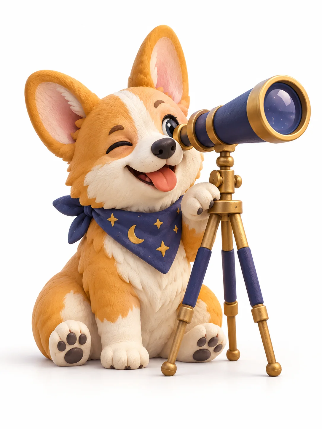 Clay Corgi with an Antique Telescope