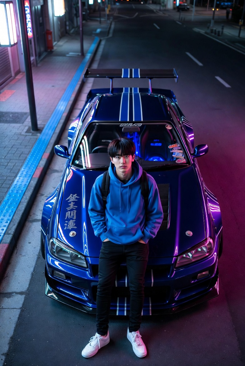 Photorealistic Tokyo Night Scene with a Man and Nissan Skyline R34 GT-R