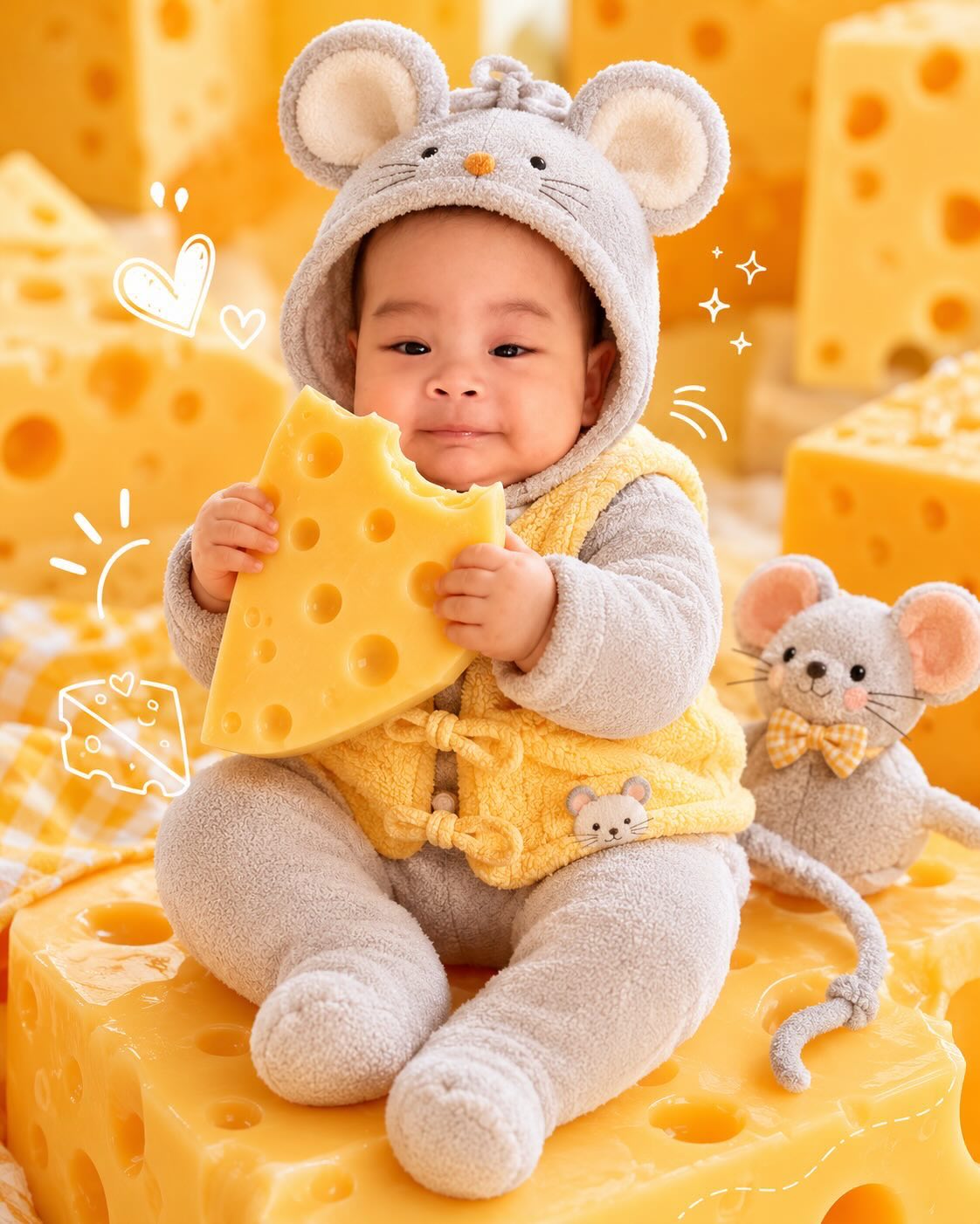 Baby in Mouse Hoodie on a Cheese Block output 1