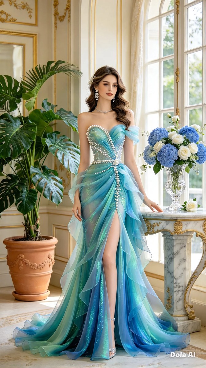 Photorealistic Mermaid Gown in a Cream-and-Gold Interior output 4