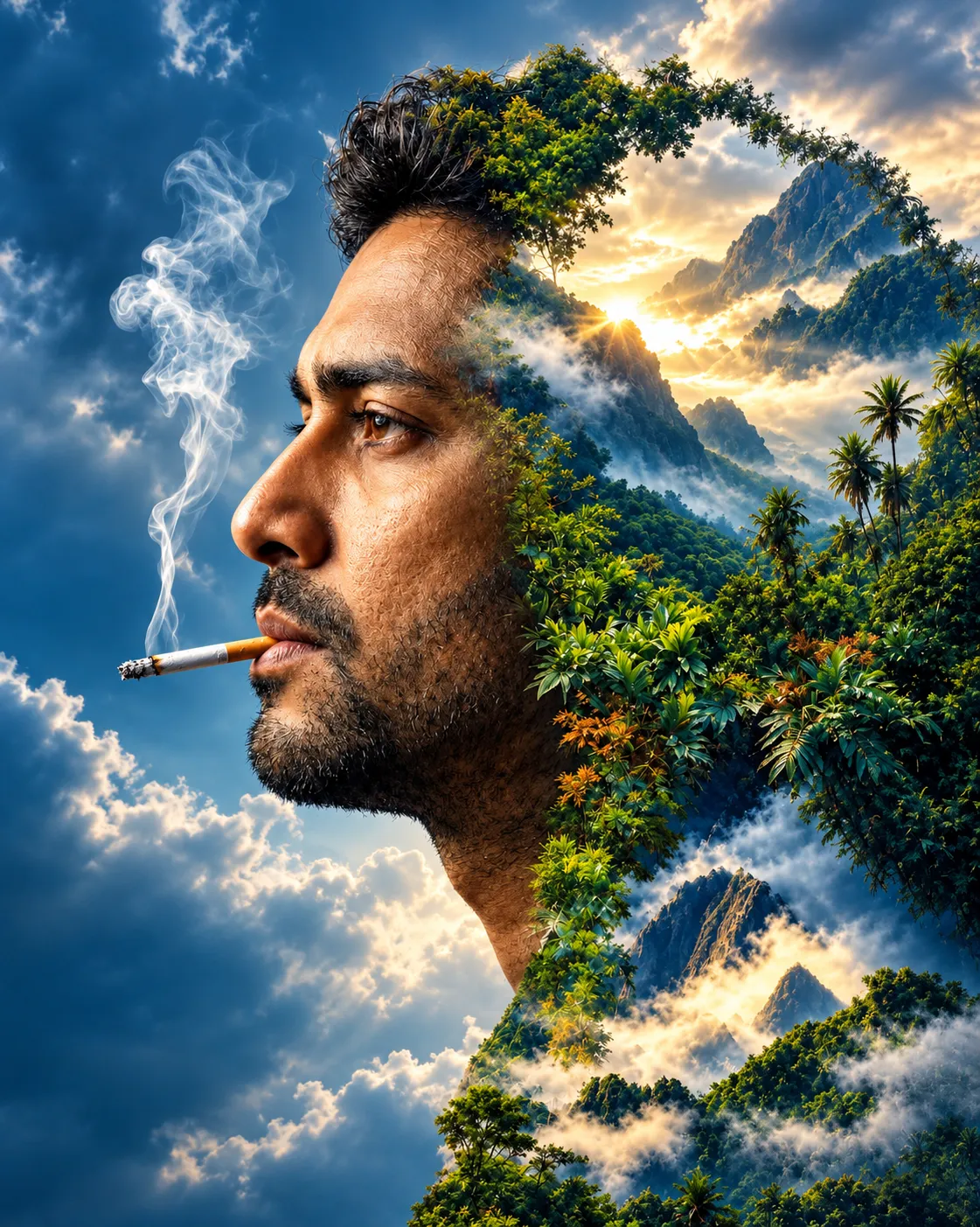 Tropical Mountain Double-Exposure Portrait Poster