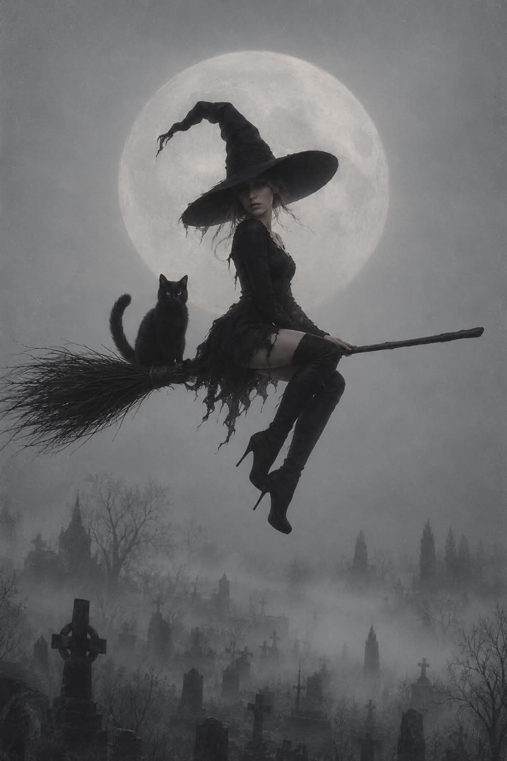 Witch Flying Over a Foggy Cemetery