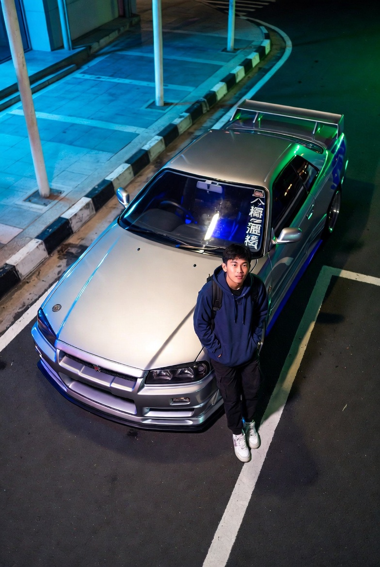 Photorealistic Nighttime Street-Racing Scene with a Young Man and Modified Sports Car