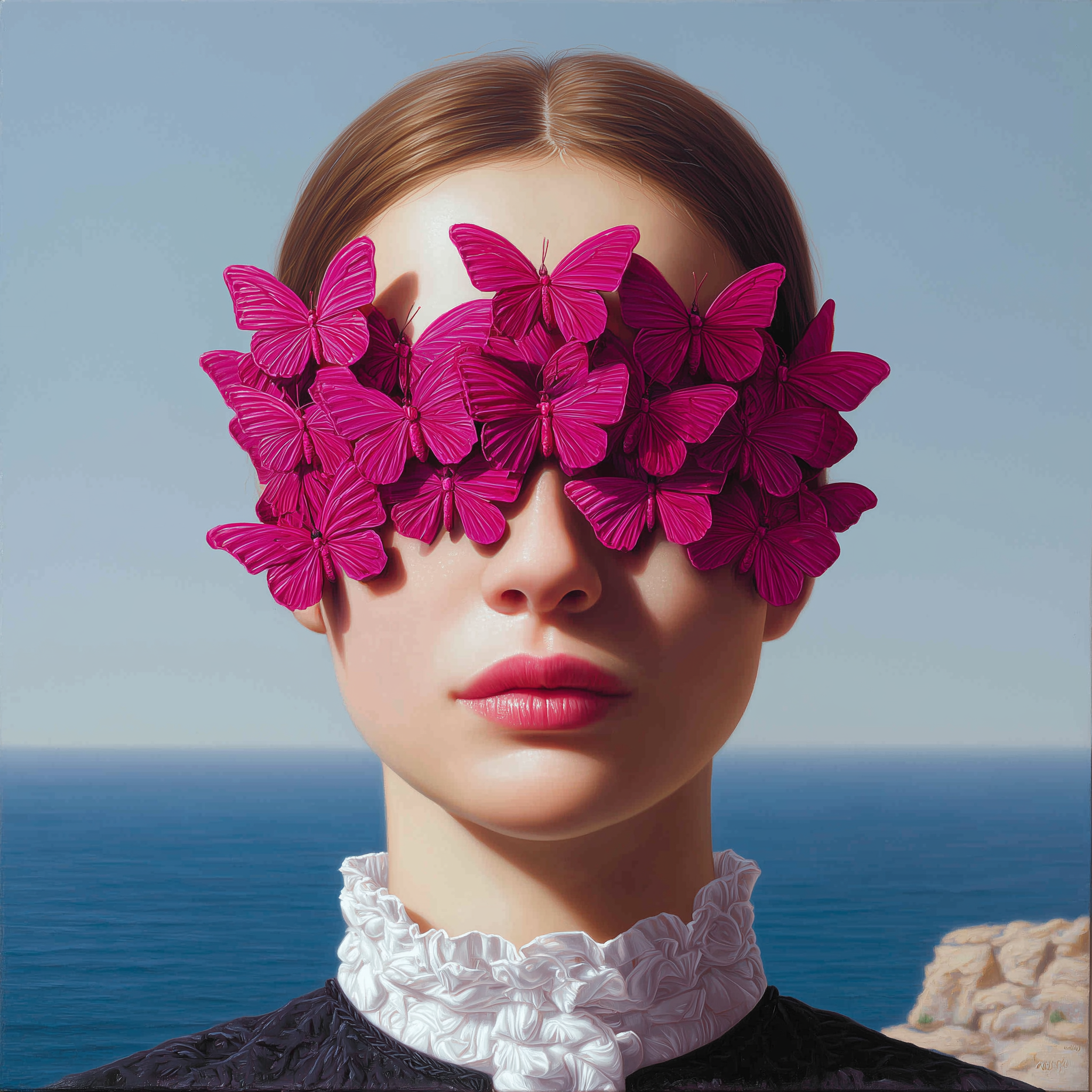 Surreal Oil Portrait of a Woman with Butterfly-Covered Eyes