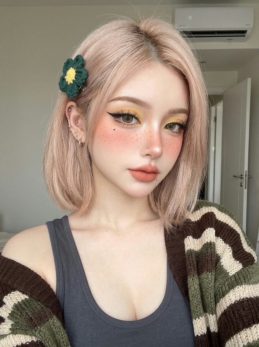 Soft Close-Up Selfie with Bold Makeup