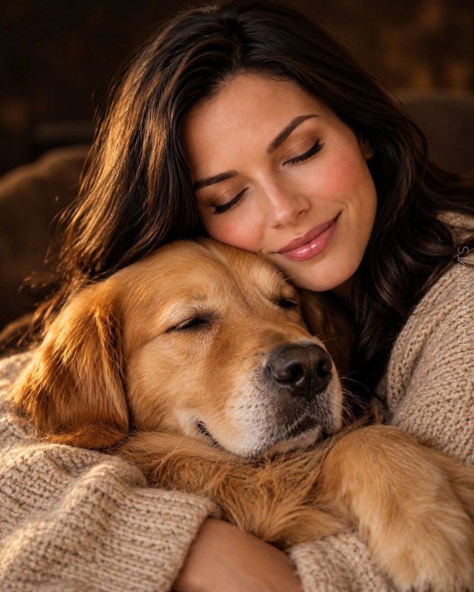 Emotional Woman and Golden Retriever Portrait