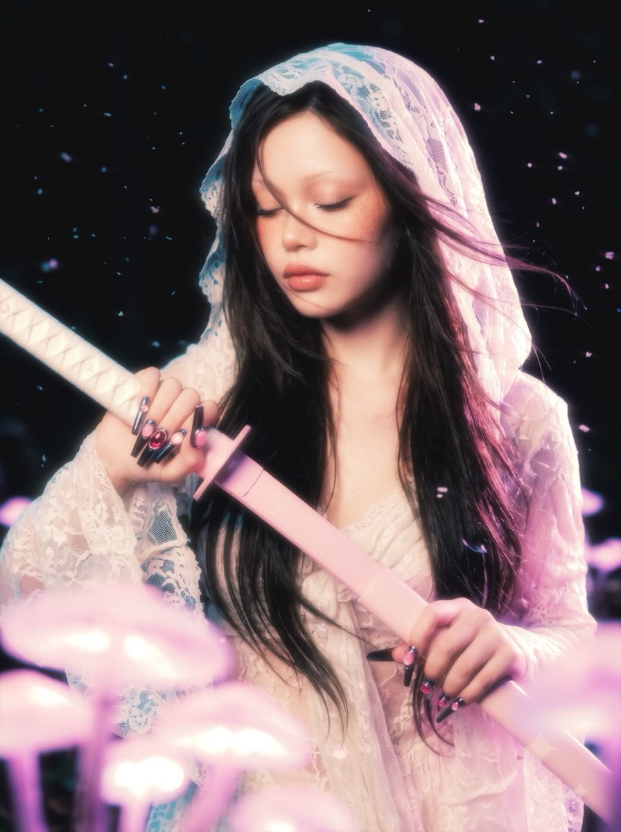 Ethereal Lace-Cape Portrait with a Katana