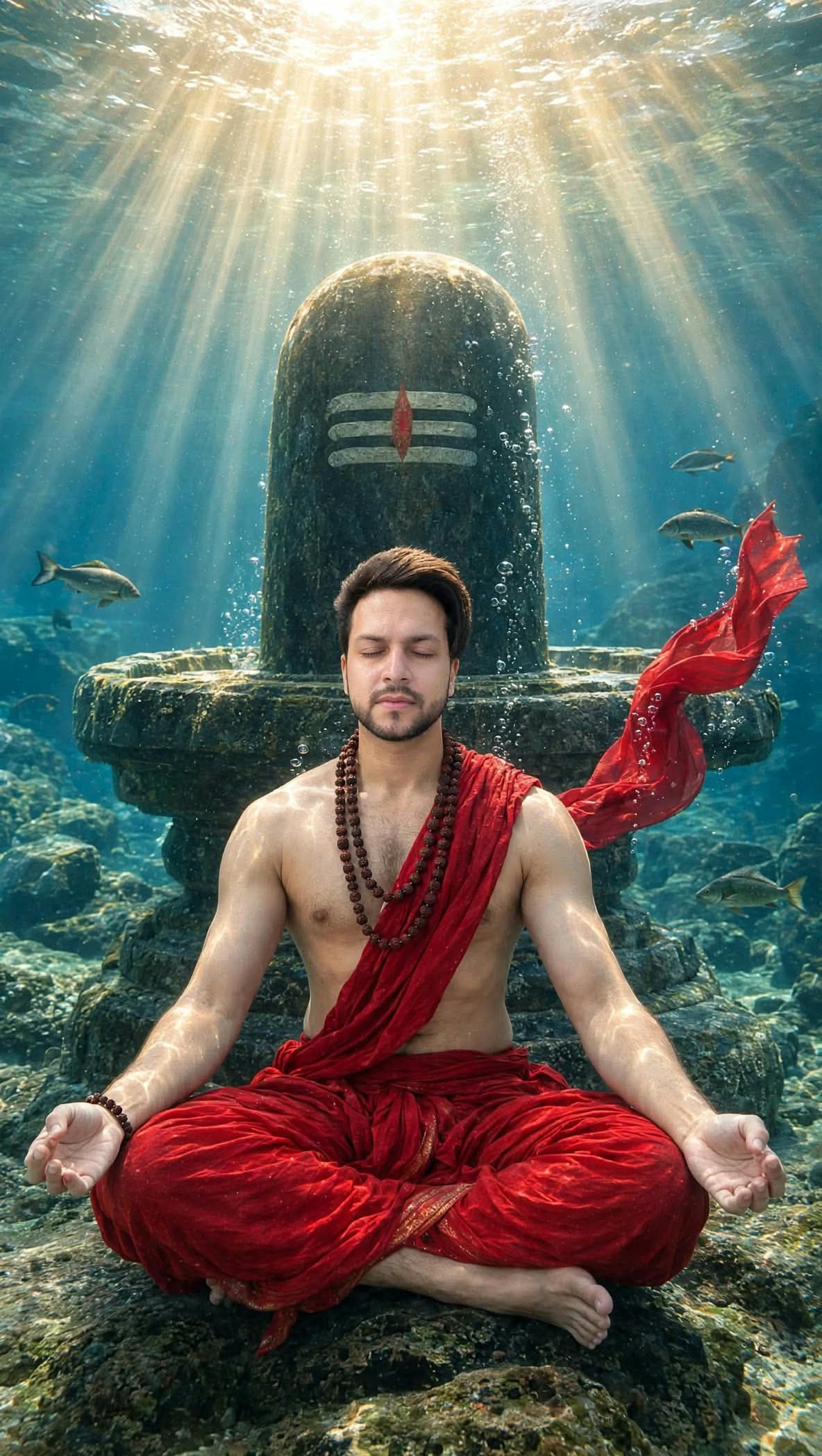 Underwater Meditation Before an Ancient Shiva Lingam