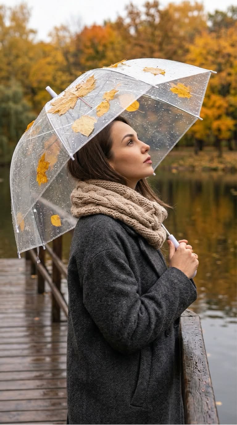 Autumn Portrait Under a Transparent Umbrella