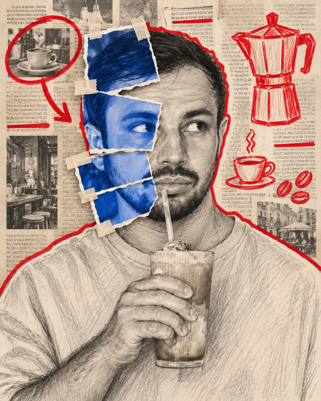 Graphite Portrait with Cobalt Photo Collage and Red Newspaper Markings output 2