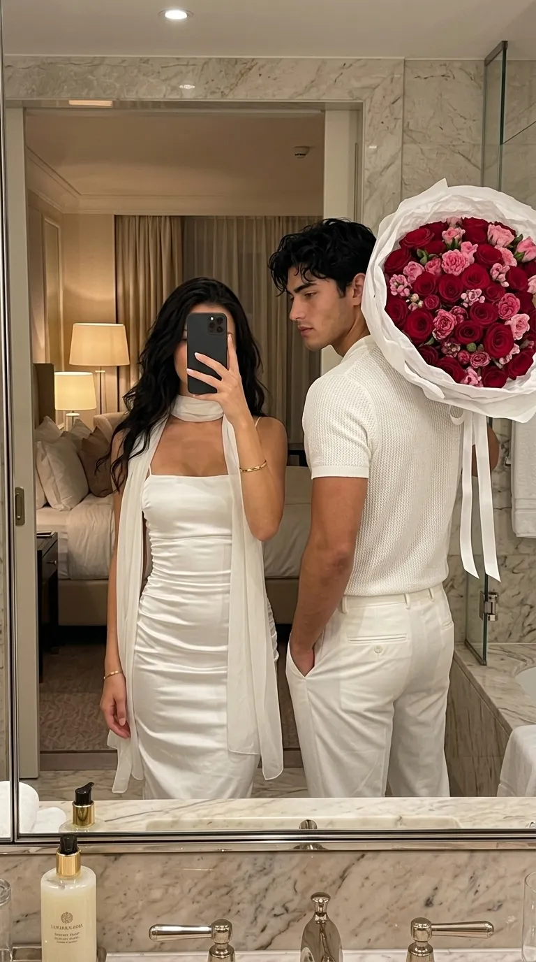 Photorealistic Luxury Hotel Mirror Selfie of a Couple