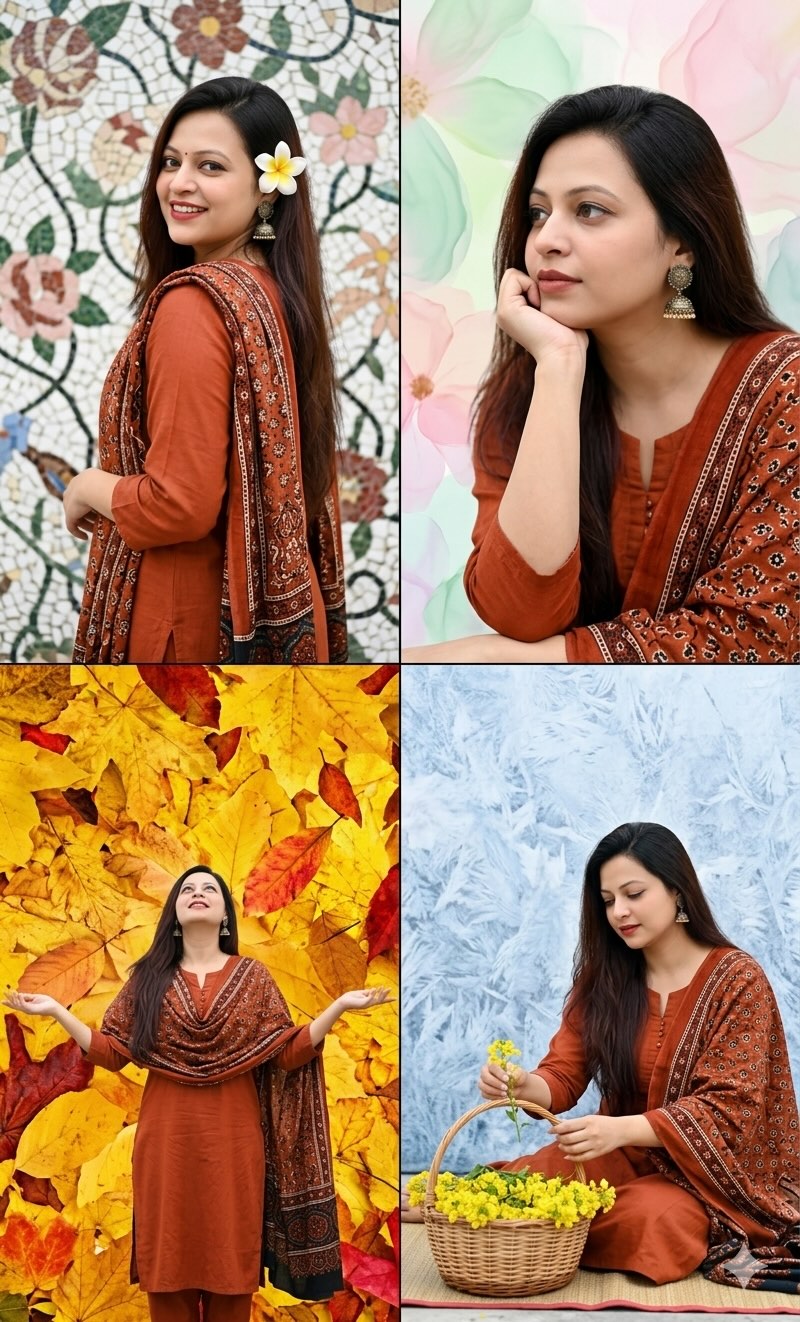 Four-Season Ajrakh Portrait Collage