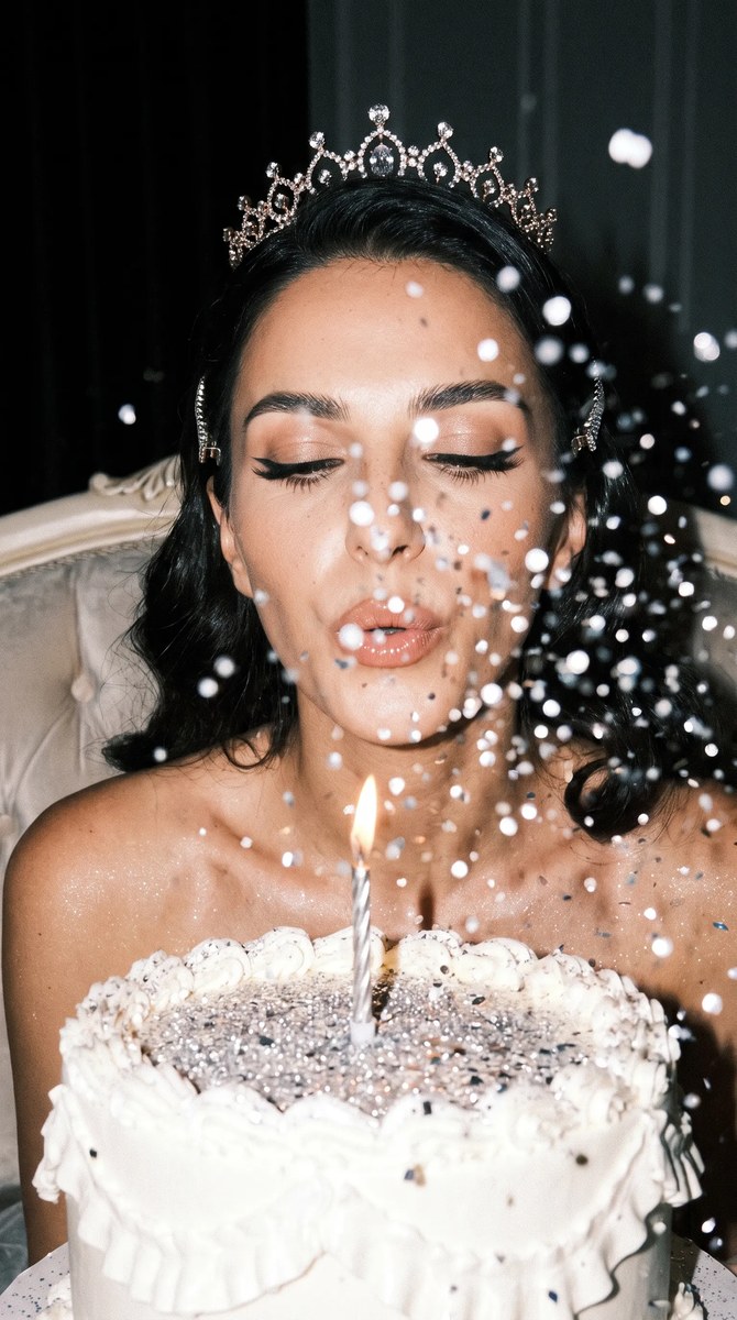 Birthday Portrait with Flying Silver Glitter
