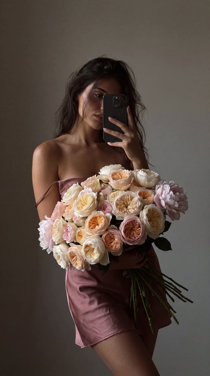 Bouquet Mirror Selfie in a Dusty-Rose Dress