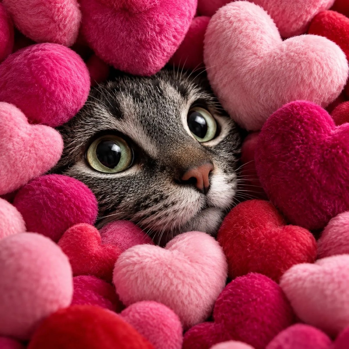 Gray Tabby Cat Among Plush Heart Cushions output 1