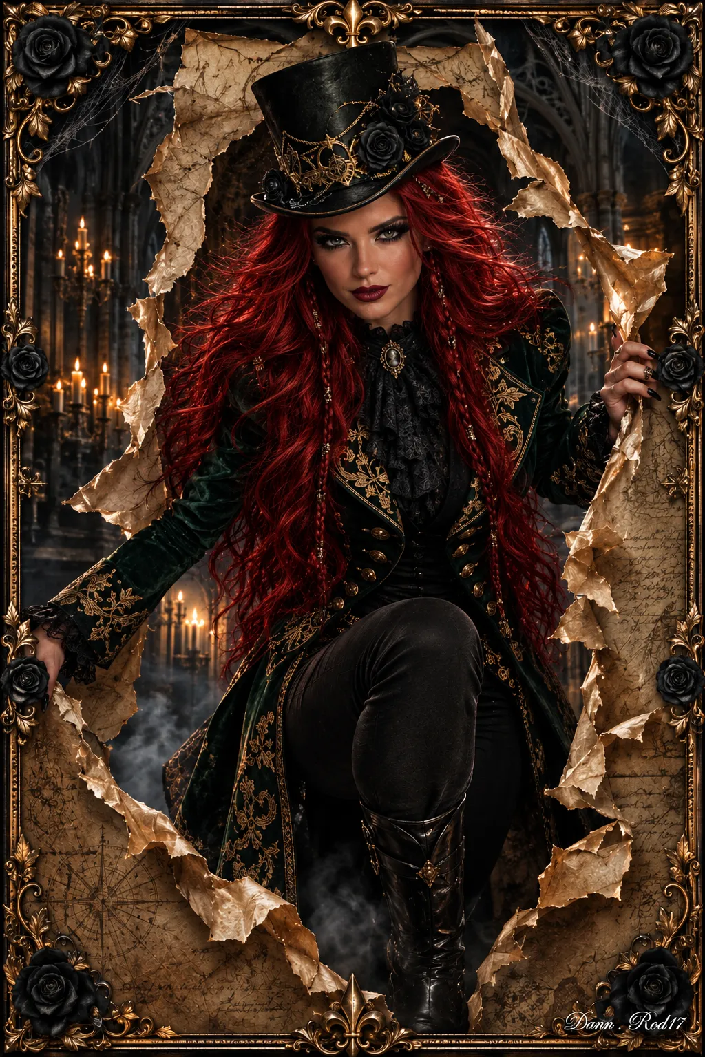 Gothic Woman Breaking Through Torn Parchment