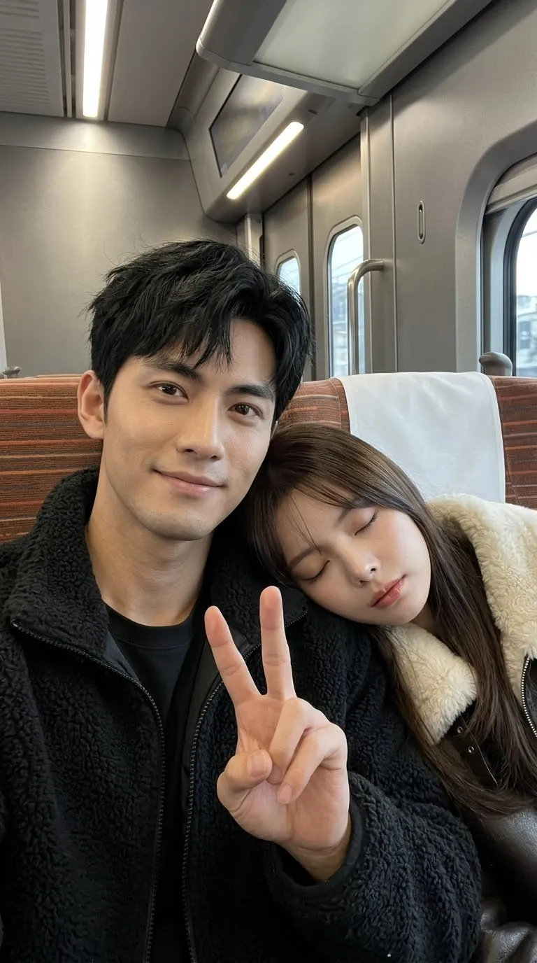 Photorealistic Train Selfie of a Sleeping Couple