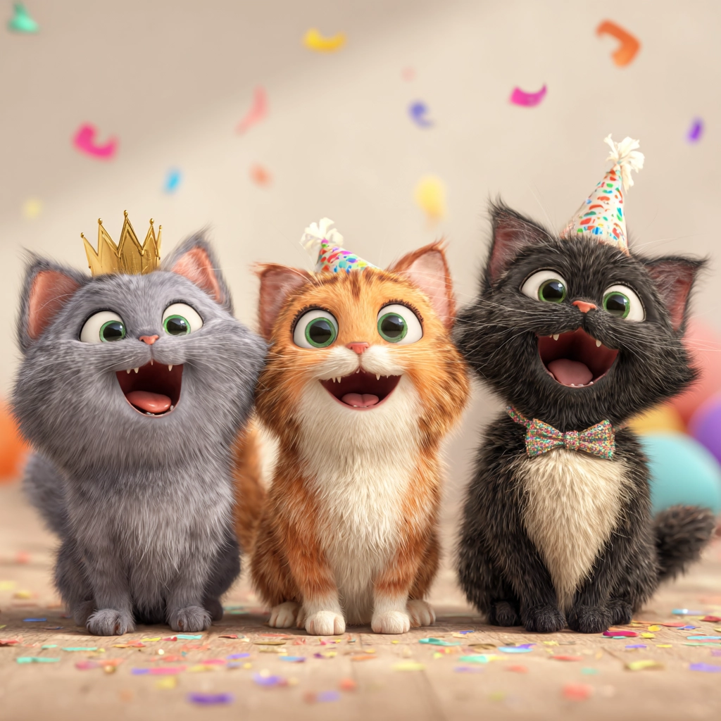Three Festive Cats in a Cheerful 3D Animated Scene
