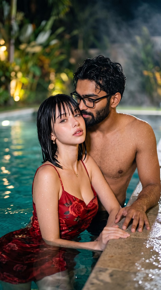 Cinematic Nighttime Poolside Couple Portrait