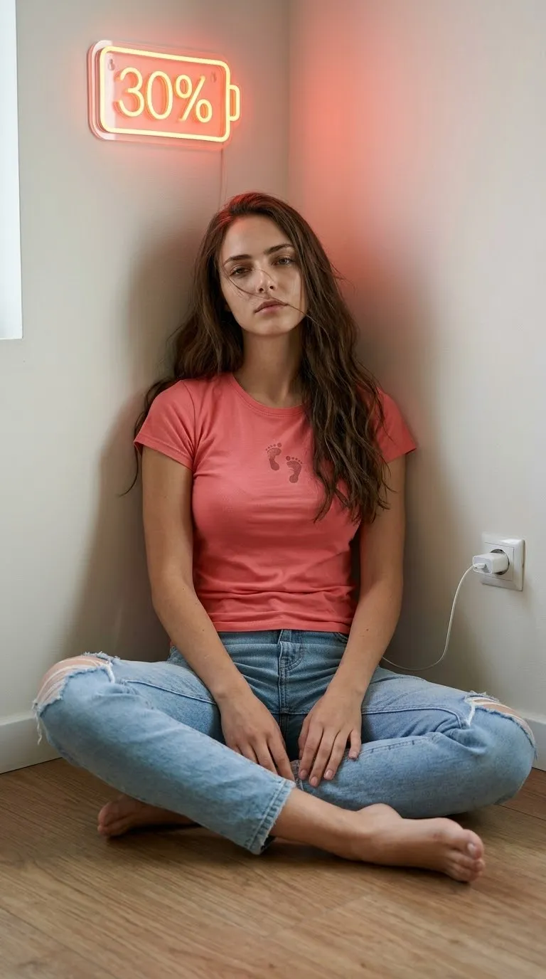 Weary Woman by a 30% Neon Battery Sign