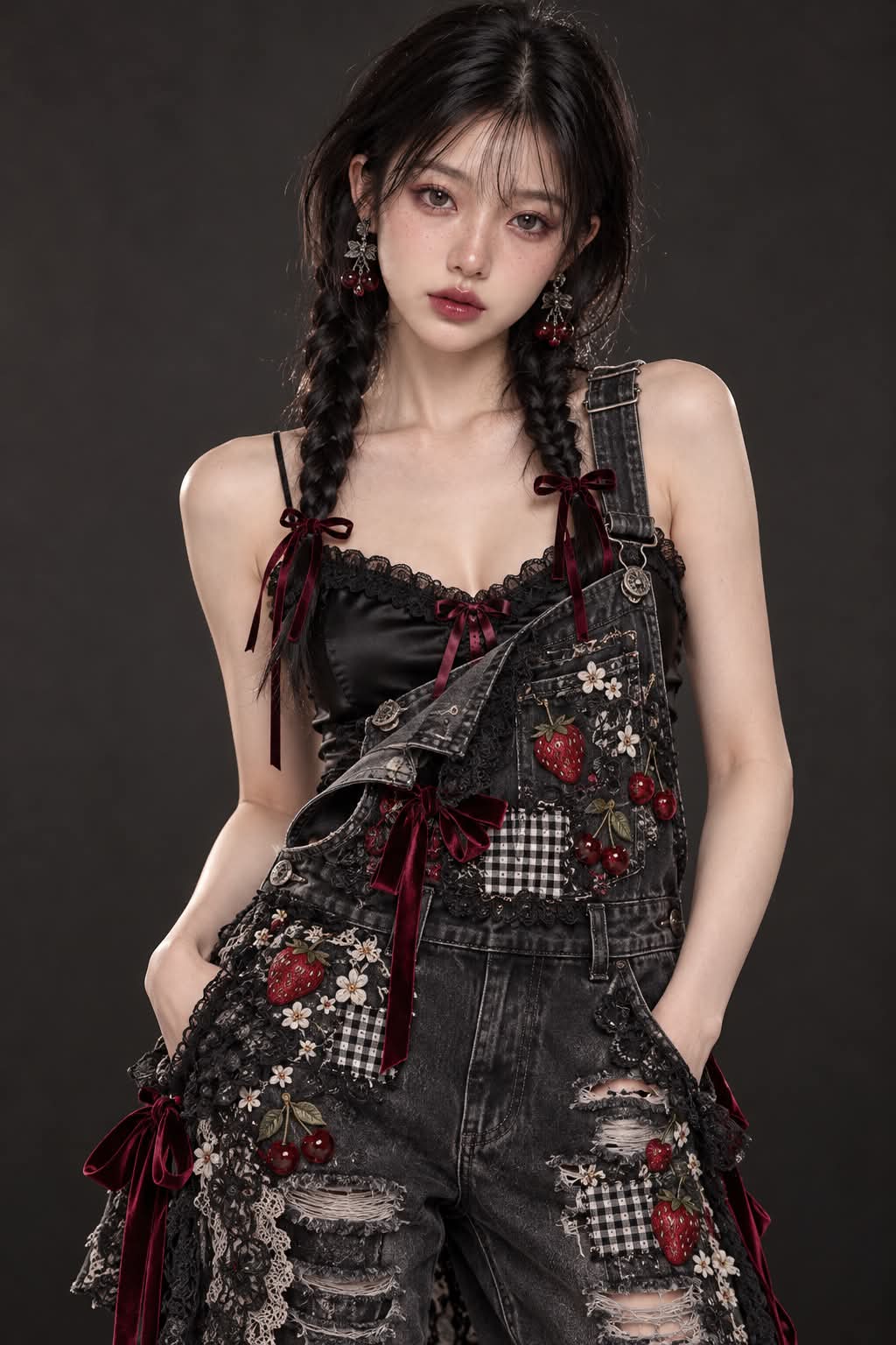 Black Distressed Denim Overalls with Embroidered Fruit