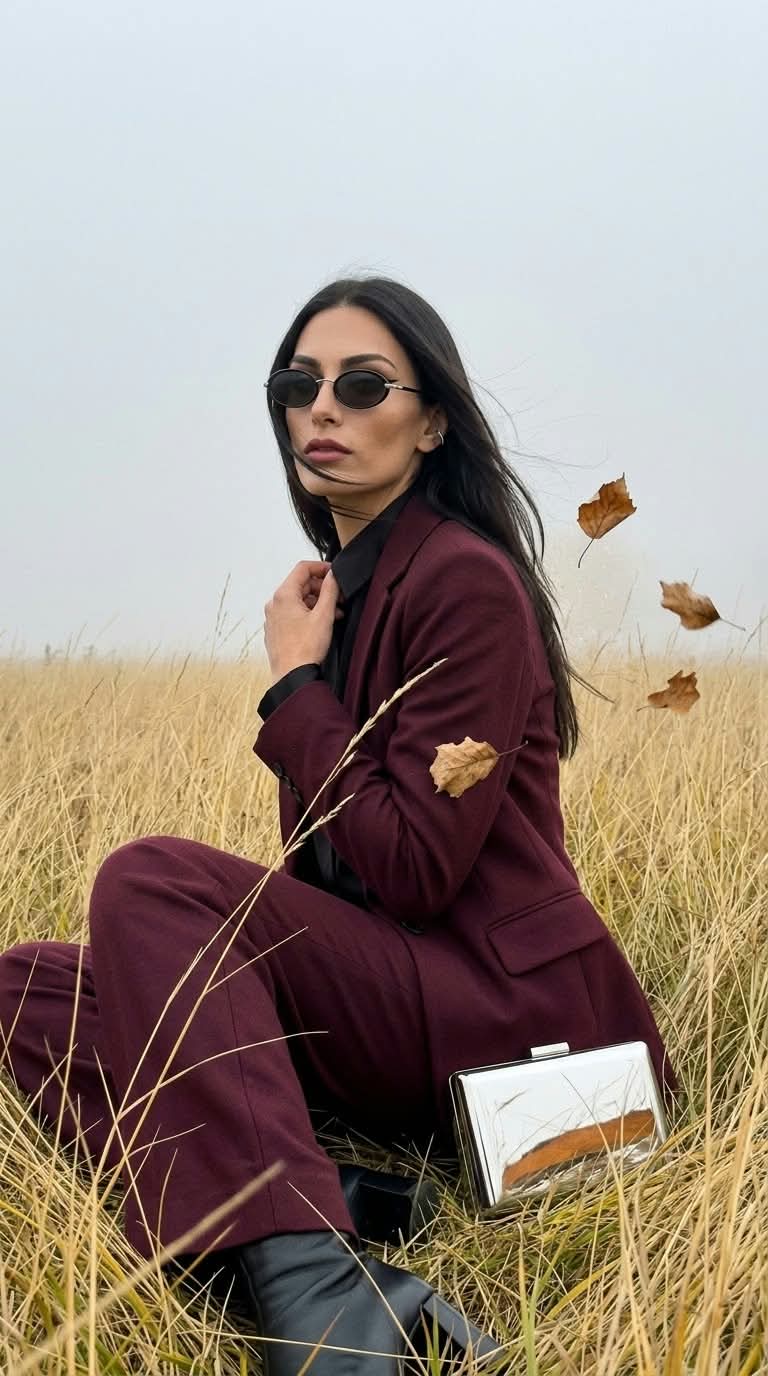 Seated Portrait in Foggy Autumn Grass
