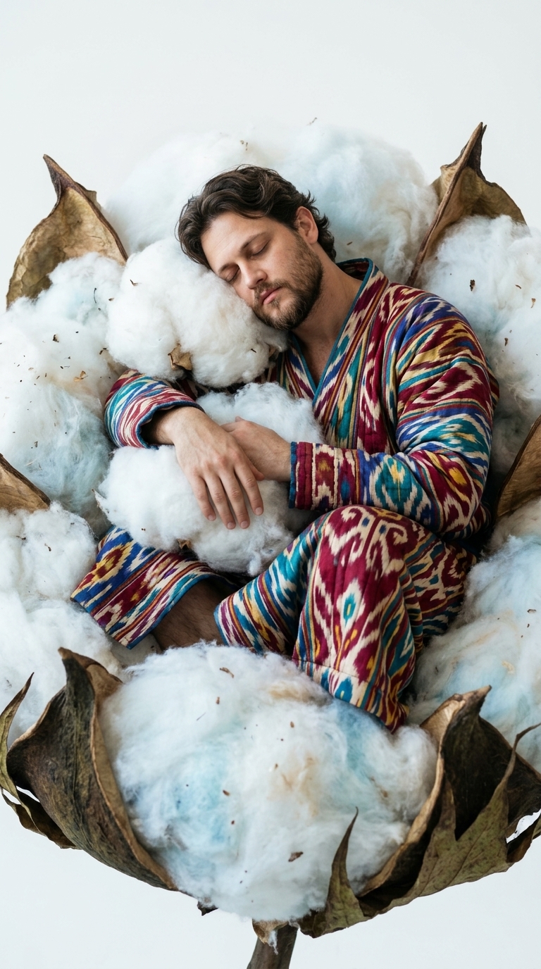 Dreamlike Uzbek Ikat Robe in a Giant Cotton Boll