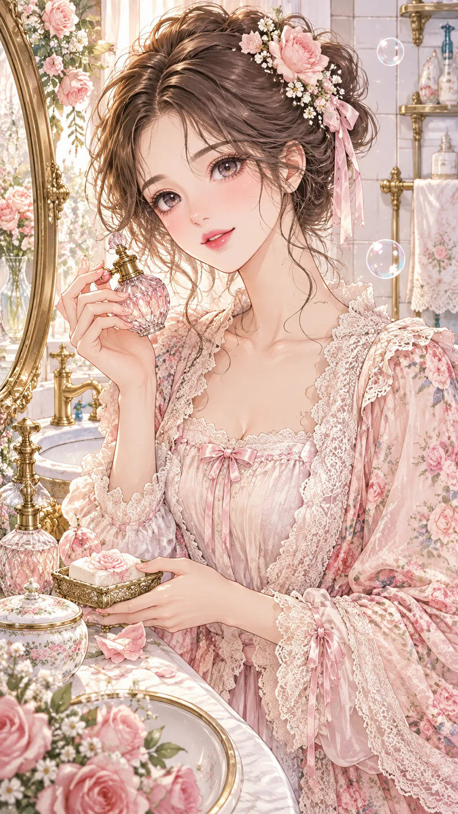 Romantic Vintage Bathroom Fashion Illustration